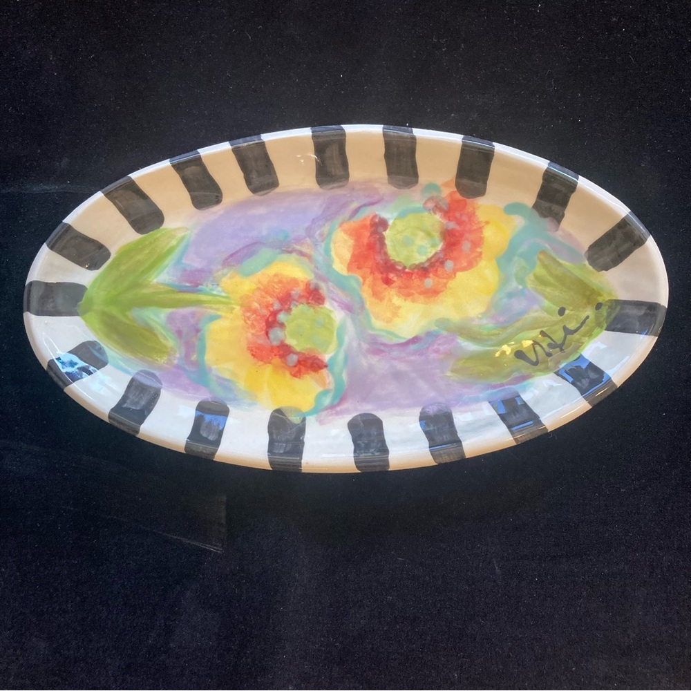 Handmade Ceramic Serving Tray”Gerber Daisies On la ”Design 10.5”x5.5” Original